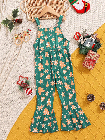 Young Girls Fashion Trendy Christmas Cartoon Print Strap Flare Jumpsuit Young Girls Fashion Trendy Christmas Cartoon Print Strap Flare Jumpsuit
