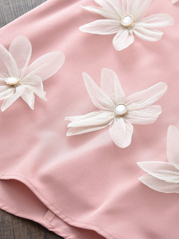 Young Girls Fashionable 3D Flower Decor Round Neck Sleeveless Dress, Summer Young Girls Fashionable 3D Flower Decor Round Neck Sleeveless Dress, Summer