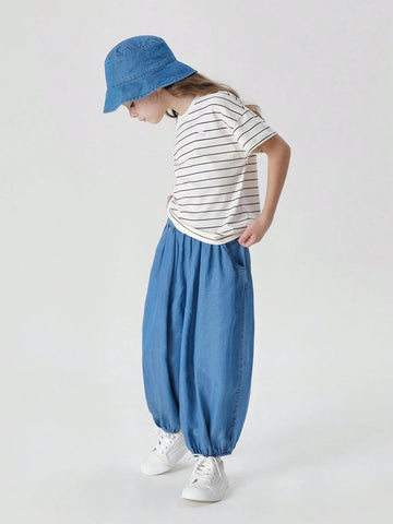 Young Girls Fashionable Breathable Silk-Like Eight-Cropped Lantern Jeans, Summer Young Girls Fashionable Breathable Silk-Like Eight-Cropped Lantern Jeans, Summer