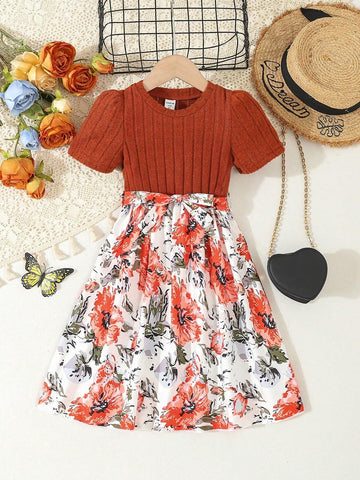Young Girls Fashionable Ribbed Brown Top & Floral Dress Young Girls Fashionable Ribbed Brown Top & Floral Dress