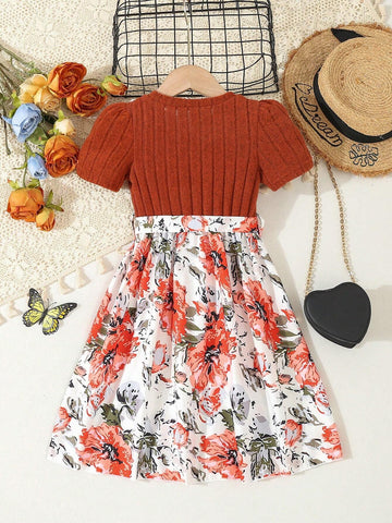 Young Girls Fashionable Ribbed Brown Top & Floral Dress Young Girls Fashionable Ribbed Brown Top & Floral Dress