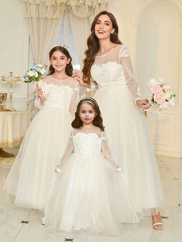 Young Girls" Fashionable Solid Color Mesh Dress Suitable For Flower Girl Dress Young Girls" Fashionable Solid Color Mesh Dress Suitable For Flower Girl Dress
