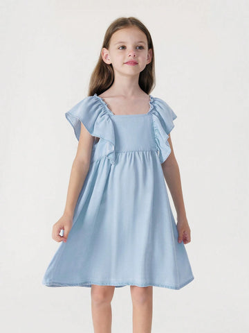 Young Girls' Fashionable Sweet And Cooling Lace Flying Sleeve Square Neck Vest Dress For Summer Young Girls' Fashionable Sweet And Cooling Lace Flying Sleeve Square Neck Vest Dress For Summer