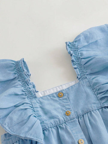 Young Girls' Fashionable Sweet And Cooling Lace Flying Sleeve Square Neck Vest Dress For Summer Young Girls' Fashionable Sweet And Cooling Lace Flying Sleeve Square Neck Vest Dress For Summer