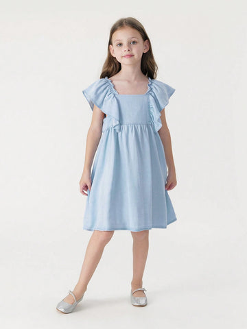 Young Girls' Fashionable Sweet And Cooling Lace Flying Sleeve Square Neck Vest Dress For Summer Young Girls' Fashionable Sweet And Cooling Lace Flying Sleeve Square Neck Vest Dress For Summer