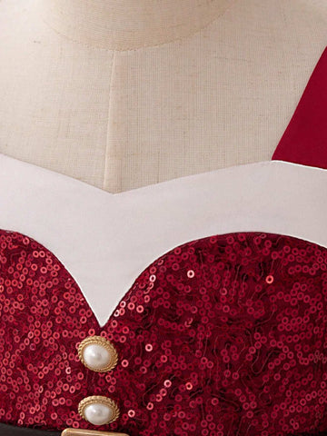 Young Girls' Faux Pearl & Sequin Satin Bow Back Christmas Princess Dress, Suitable For Party Celebration Young Girls' Faux Pearl & Sequin Satin Bow Back Christmas Princess Dress, Suitable For Party Celebration