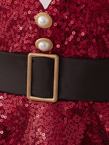 Young Girls' Faux Pearl & Sequin Satin Bow Back Christmas Princess Dress, Suitable For Party Celebration Young Girls' Faux Pearl & Sequin Satin Bow Back Christmas Princess Dress, Suitable For Party Celebration