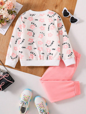 Young Girls Floral Pattern Print Crew Neck Sweatshirt & Sports Pants Set Young Girls Floral Pattern Print Crew Neck Sweatshirt & Sports Pants Set