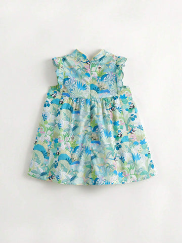Young Girls" Floral Stand Collar Qipao Dress With Ruffled Hem And Flared Sleeves, Summer Young Girls" Floral Stand Collar Qipao Dress With Ruffled Hem And Flared Sleeves, Summer
