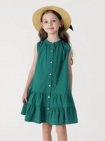 Young Girls' French Elegance Patchwork Ruffle Edge A-Line Sleeveless Dress With Round Neck, Summer Young Girls' French Elegance Patchwork Ruffle Edge A-Line Sleeveless Dress With Round Neck, Summer
