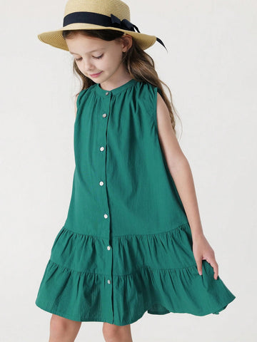 Young Girls' French Elegance Patchwork Ruffle Edge A-Line Sleeveless Dress With Round Neck, Summer Young Girls' French Elegance Patchwork Ruffle Edge A-Line Sleeveless Dress With Round Neck, Summer