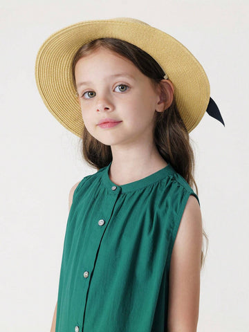 Young Girls' French Elegance Patchwork Ruffle Edge A-Line Sleeveless Dress With Round Neck, Summer Young Girls' French Elegance Patchwork Ruffle Edge A-Line Sleeveless Dress With Round Neck, Summer