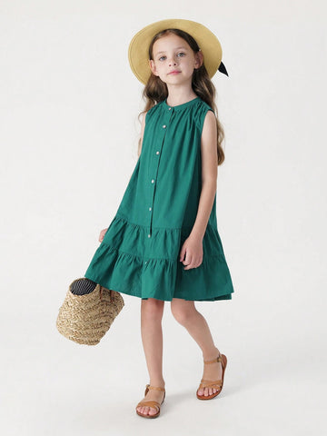 Young Girls' French Elegance Patchwork Ruffle Edge A-Line Sleeveless Dress With Round Neck, Summer Young Girls' French Elegance Patchwork Ruffle Edge A-Line Sleeveless Dress With Round Neck, Summer