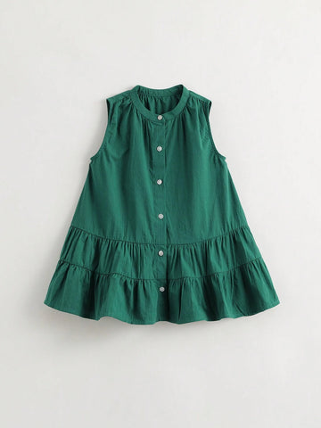 Young Girls' French Elegance Patchwork Ruffle Edge A-Line Sleeveless Dress With Round Neck, Summer Young Girls' French Elegance Patchwork Ruffle Edge A-Line Sleeveless Dress With Round Neck, Summer