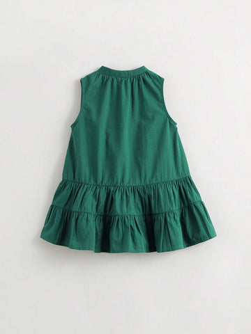 Young Girls' French Elegance Patchwork Ruffle Edge A-Line Sleeveless Dress With Round Neck, Summer Young Girls' French Elegance Patchwork Ruffle Edge A-Line Sleeveless Dress With Round Neck, Summer