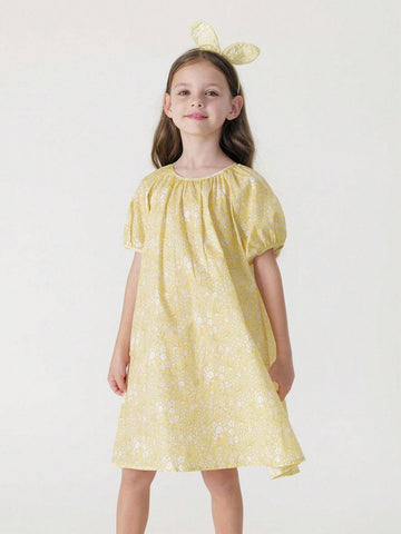 Young Girls' French Elegant Floral Print Short Sleeve Round Neck A-Line Dress With Puff Sleeves (With Hairband), Summer Young Girls' French Elegant Floral Print Short Sleeve Round Neck A-Line Dress With Puff Sleeves (With Hairband), Summer