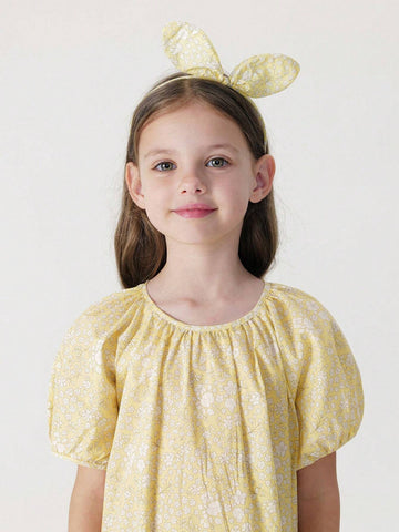 Young Girls' French Elegant Floral Print Short Sleeve Round Neck A-Line Dress With Puff Sleeves (With Hairband), Summer Young Girls' French Elegant Floral Print Short Sleeve Round Neck A-Line Dress With Puff Sleeves (With Hairband), Summer