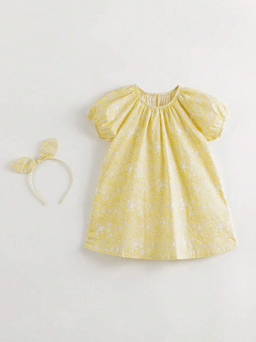 Young Girls' French Elegant Floral Print Short Sleeve Round Neck A-Line Dress With Puff Sleeves (With Hairband), Summer Young Girls' French Elegant Floral Print Short Sleeve Round Neck A-Line Dress With Puff Sleeves (With Hairband), Summer