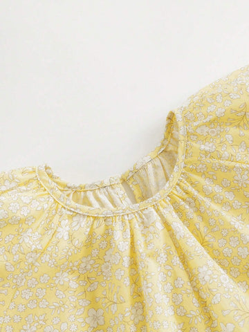 Young Girls' French Elegant Floral Print Short Sleeve Round Neck A-Line Dress With Puff Sleeves (With Hairband), Summer Young Girls' French Elegant Floral Print Short Sleeve Round Neck A-Line Dress With Puff Sleeves (With Hairband), Summer