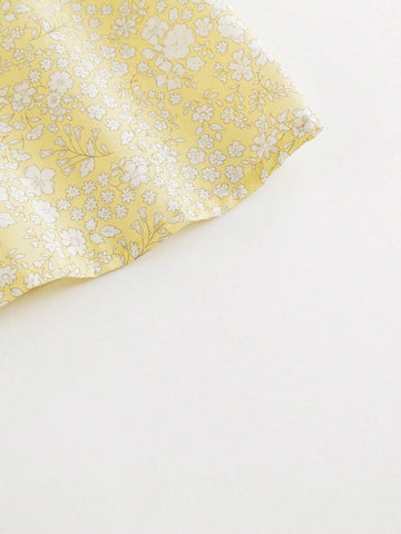 Young Girls' French Elegant Floral Print Short Sleeve Round Neck A-Line Dress With Puff Sleeves (With Hairband), Summer Young Girls' French Elegant Floral Print Short Sleeve Round Neck A-Line Dress With Puff Sleeves (With Hairband), Summer