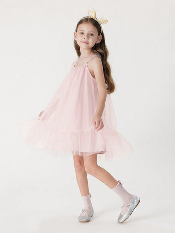 Young Girls' French Style Dreamy Lace Mesh Princess Dress, Summer Young Girls' French Style Dreamy Lace Mesh Princess Dress, Summer