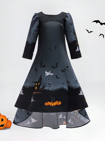 Young Girls Halloween Bat Ghost Haunted House Pumpkin Printed Satin Costume Party Princess Dress Young Girls Halloween Bat Ghost Haunted House Pumpkin Printed Satin Costume Party Princess Dress