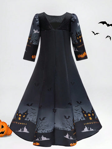 Young Girls Halloween Bat Ghost Haunted House Pumpkin Printed Satin Costume Party Princess Dress Young Girls Halloween Bat Ghost Haunted House Pumpkin Printed Satin Costume Party Princess Dress