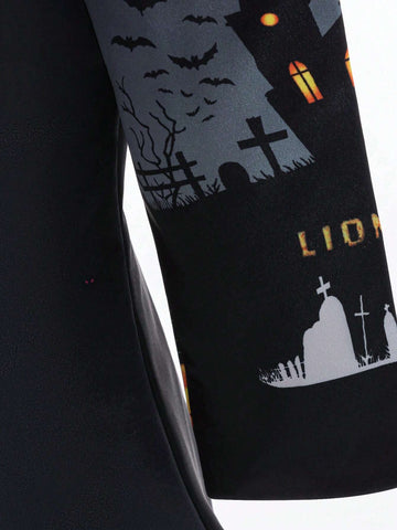 Young Girls Halloween Bat Ghost Haunted House Pumpkin Printed Satin Costume Party Princess Dress Young Girls Halloween Bat Ghost Haunted House Pumpkin Printed Satin Costume Party Princess Dress