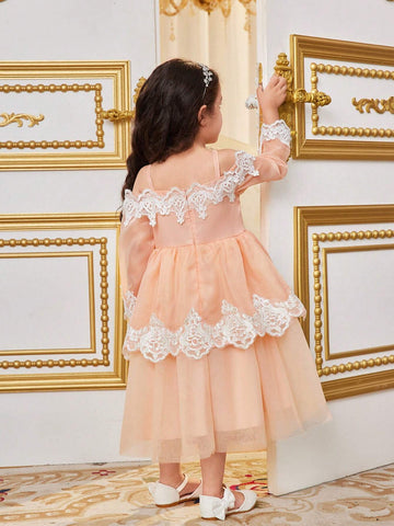 Young Girls' Integrated Cute One-Shoulder Dress With Lace Decorated Organza, Summer Young Girls' Integrated Cute One-Shoulder Dress With Lace Decorated Organza, Summer
