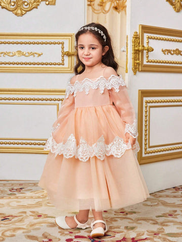 Young Girls' Integrated Cute One-Shoulder Dress With Lace Decorated Organza, Summer Young Girls' Integrated Cute One-Shoulder Dress With Lace Decorated Organza, Summer