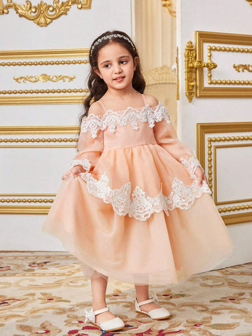 Young Girls' Integrated Cute One-Shoulder Dress With Lace Decorated Organza, Summer Young Girls' Integrated Cute One-Shoulder Dress With Lace Decorated Organza, Summer