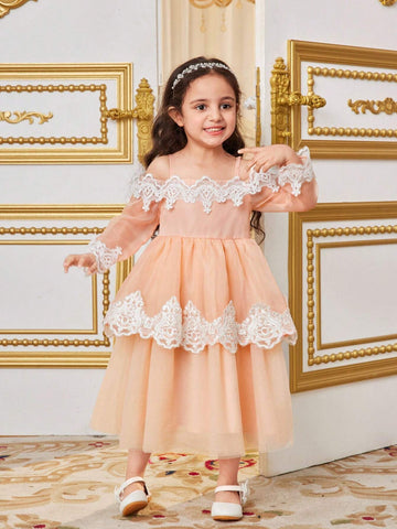 Young Girls' Integrated Cute One-Shoulder Dress With Lace Decorated Organza, Summer Young Girls' Integrated Cute One-Shoulder Dress With Lace Decorated Organza, Summer