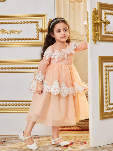 Young Girls' Integrated Cute One-Shoulder Dress With Lace Decorated Organza, Summer Young Girls' Integrated Cute One-Shoulder Dress With Lace Decorated Organza, Summer