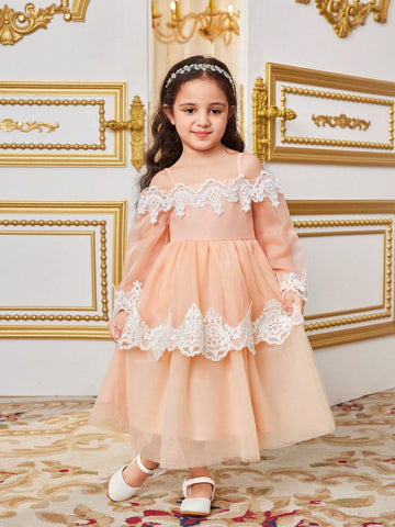 Young Girls' Integrated Cute One-Shoulder Dress With Lace Decorated Organza, Summer Young Girls' Integrated Cute One-Shoulder Dress With Lace Decorated Organza, Summer