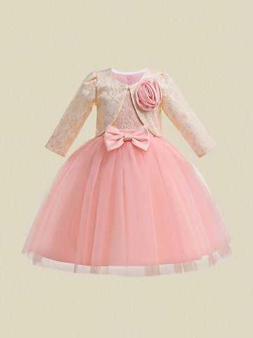 Young Girls Lace & Mesh Elegant Princess Dress With Coat, Suitable For Flower Girl, Wedding, Party Young Girls Lace & Mesh Elegant Princess Dress With Coat, Suitable For Flower Girl, Wedding, Party