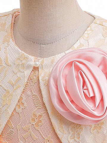 Young Girls Lace & Mesh Elegant Princess Dress With Coat, Suitable For Flower Girl, Wedding, Party Young Girls Lace & Mesh Elegant Princess Dress With Coat, Suitable For Flower Girl, Wedding, Party