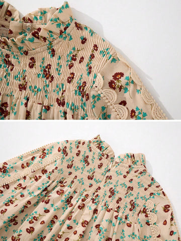 Young Girls' Lovely Chic Lantern Sleeve Flower Printed Dress For Spring/Summer Young Girls' Lovely Chic Lantern Sleeve Flower Printed Dress For Spring/Summer