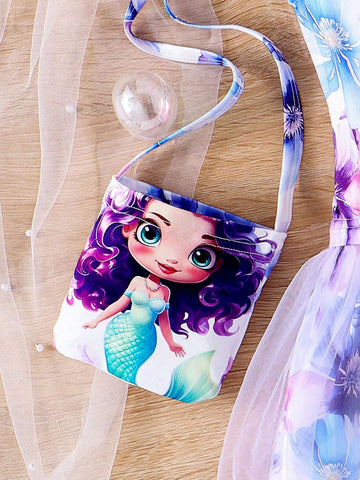 Young Girls Lovely Print Round Neck Sleeveless Dress With Mesh Splicing, Matched With Same Print Shoulder Bag Young Girls Lovely Print Round Neck Sleeveless Dress With Mesh Splicing, Matched With Same Print Shoulder Bag