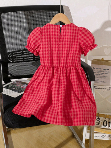 Young Girls Plaid Puff Sleeve Casual Dress For Summer Young Girls Plaid Puff Sleeve Casual Dress For Summer