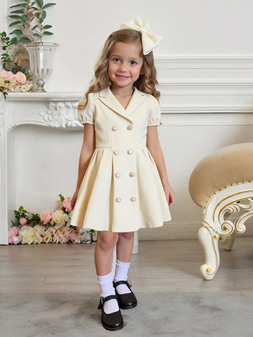 Young Girls Puff Sleeve Double-Breasted Lapel Collar Lady Style Dress, Spring/Summer Young Girls Puff Sleeve Double-Breasted Lapel Collar Lady Style Dress, Spring/Summer