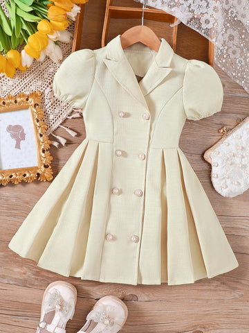 Young Girls Puff Sleeve Double-Breasted Lapel Collar Lady Style Dress, Spring/Summer Young Girls Puff Sleeve Double-Breasted Lapel Collar Lady Style Dress, Spring/Summer