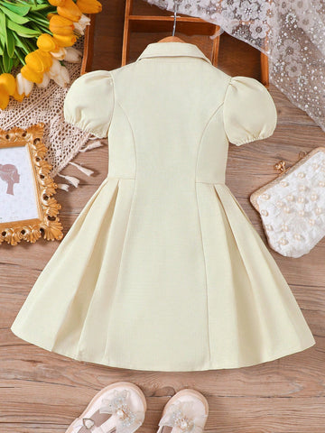 Young Girls Puff Sleeve Double-Breasted Lapel Collar Lady Style Dress, Spring/Summer Young Girls Puff Sleeve Double-Breasted Lapel Collar Lady Style Dress, Spring/Summer