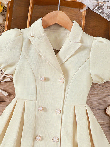 Young Girls Puff Sleeve Double-Breasted Lapel Collar Lady Style Dress, Spring/Summer Young Girls Puff Sleeve Double-Breasted Lapel Collar Lady Style Dress, Spring/Summer