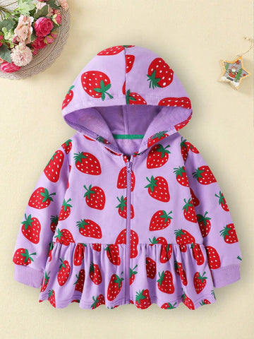 Young Girls' Purple Hoodie Long Sleeve Zip-Up Jacket, Casual Street Style Fashion With Random Strawberry Print, Autumn/Winter Sportswear Young Girls' Purple Hoodie Long Sleeve Zip-Up Jacket, Casual Street Style Fashion With Random Strawberry Print, Autumn/Winter Sportswear