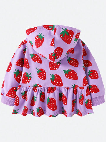 Young Girls' Purple Hoodie Long Sleeve Zip-Up Jacket, Casual Street Style Fashion With Random Strawberry Print, Autumn/Winter Sportswear Young Girls' Purple Hoodie Long Sleeve Zip-Up Jacket, Casual Street Style Fashion With Random Strawberry Print, Autumn/Winter Sportswear