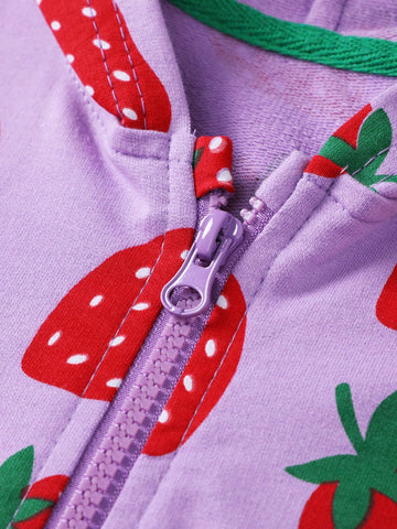 Young Girls' Purple Hoodie Long Sleeve Zip-Up Jacket, Casual Street Style Fashion With Random Strawberry Print, Autumn/Winter Sportswear Young Girls' Purple Hoodie Long Sleeve Zip-Up Jacket, Casual Street Style Fashion With Random Strawberry Print, Autumn/Winter Sportswear