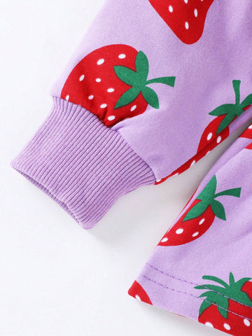 Young Girls' Purple Hoodie Long Sleeve Zip-Up Jacket, Casual Street Style Fashion With Random Strawberry Print, Autumn/Winter Sportswear Young Girls' Purple Hoodie Long Sleeve Zip-Up Jacket, Casual Street Style Fashion With Random Strawberry Print, Autumn/Winter Sportswear