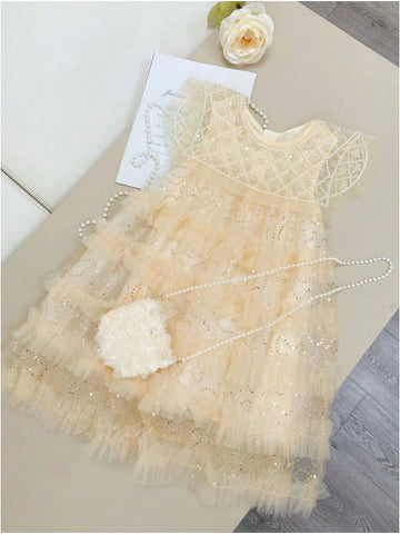 Young Girls Sequined Princess Dress Sleeveless With Pearl Shawl And Veil Young Girls Sequined Princess Dress Sleeveless With Pearl Shawl And Veil