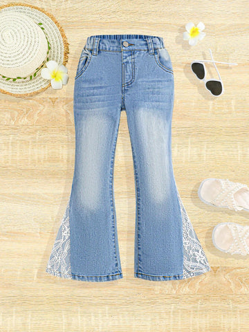 Young Girls' Solid Color Casual Flared Jeans With Pockets Young Girls' Solid Color Casual Flared Jeans With Pockets