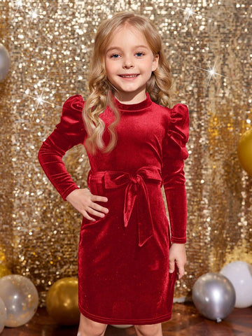 Young Girls' Solid Color Stand Collar Gigot Sleeve Form-Fitting Velvet Knit Dress With Bow Belt ,For Birthday Party, Vacation, Great For Casual & Daily Wear & School Daily Young Girls' Solid Color Stand Collar Gigot Sleeve Form-Fitting Velvet Knit Dress With Bow Belt ,For Birthday Party, Vacation, Great For Casual & Daily Wear & School Daily